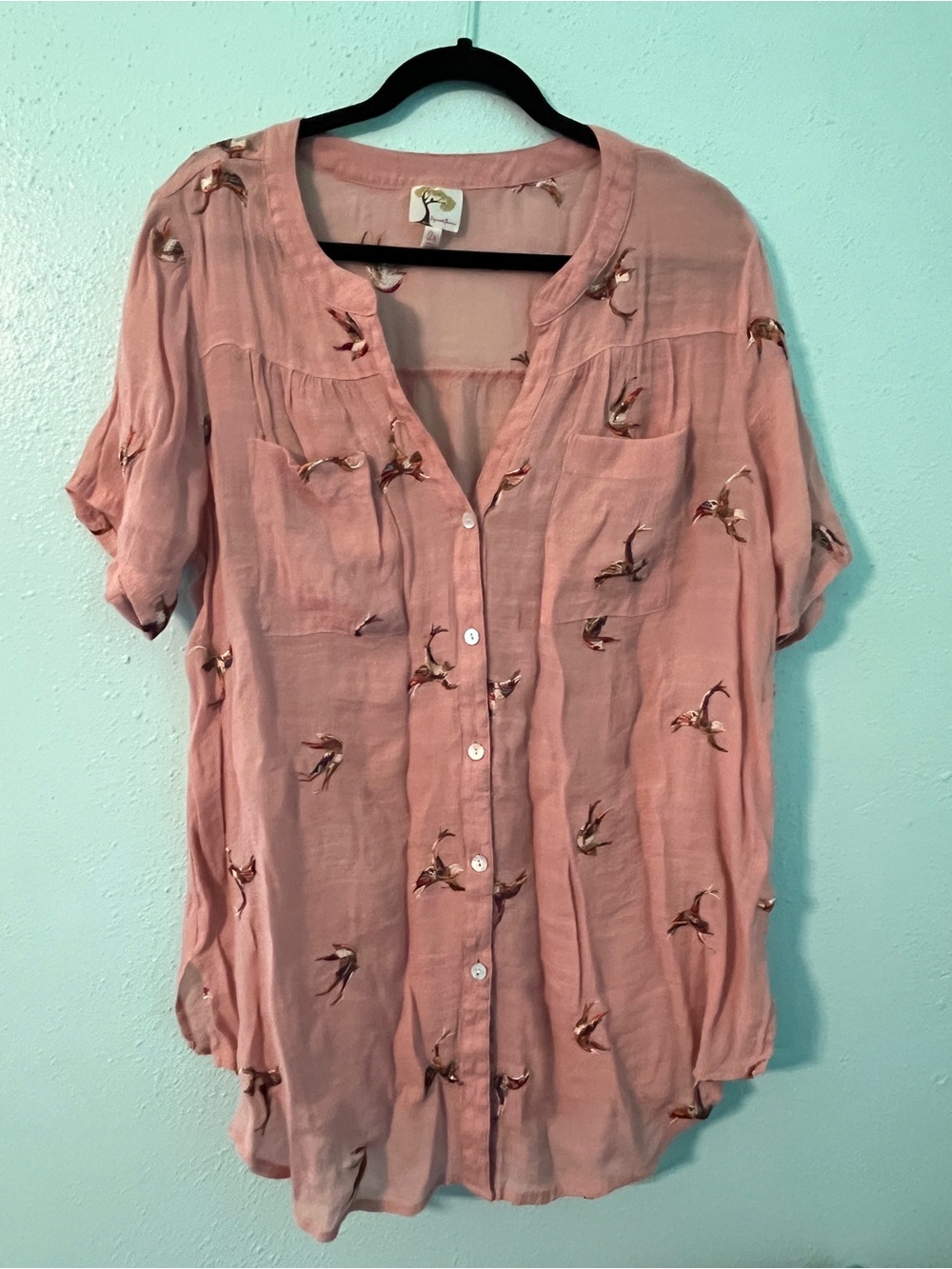 Women's Pink Bird-Print Button Front Top embroidered birds light weight